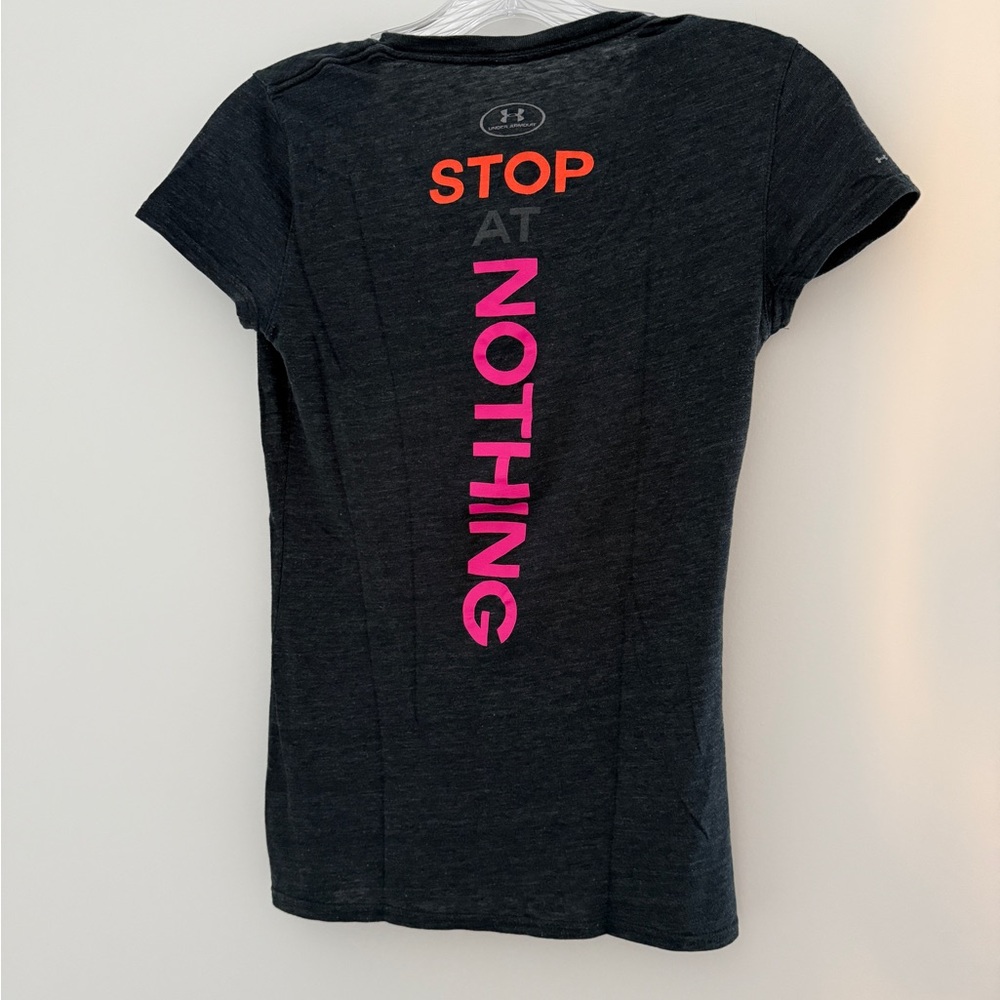Under Armour Dark Gray Tee with Vibrant Text on Back